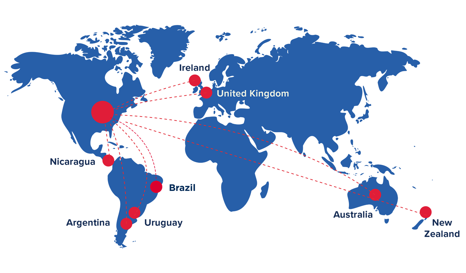 A map showing countries Teys USA exports to: Ireland, United Kingdom, Australia, New Zealand, Uruguay, Argentina, and Nicaragua.